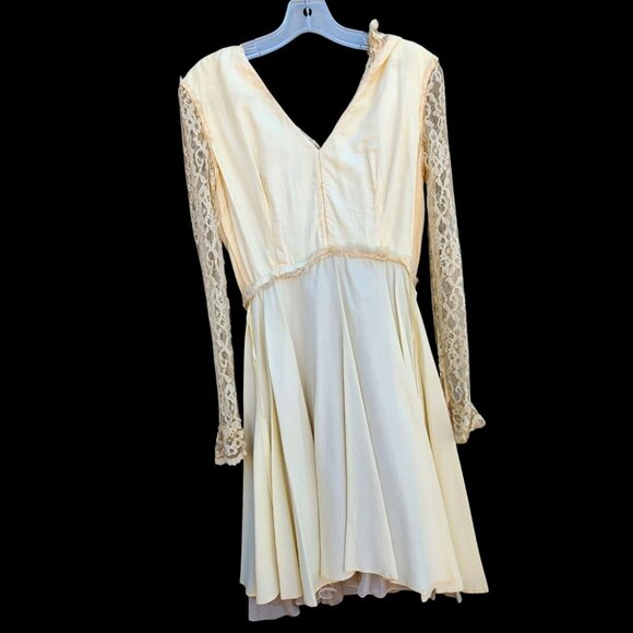50s Chantilly Lace Beige Chiffon Vintage Dress XS Long Sleeve Pleated Wedding - Picture 9 of 11
